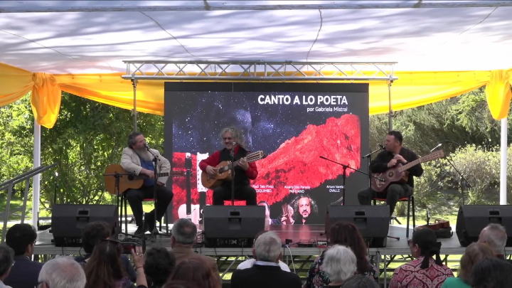 Tres músicos sobre el escenario con instrumentos de cuerdas cantan