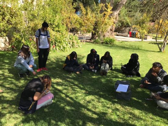 Estudiantes sentados en los pastos del Jardín Poético del museo, desarrollando actividades de la Cosecha Literaria